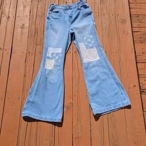 Women's Blue Flare Jeans with Patchwork